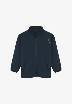 Mørkeblå jakke lavet af blødt materiale med høj krave, lynlås foran og to sidelommer. Har teksten "HAVE FUN" på den ene side.