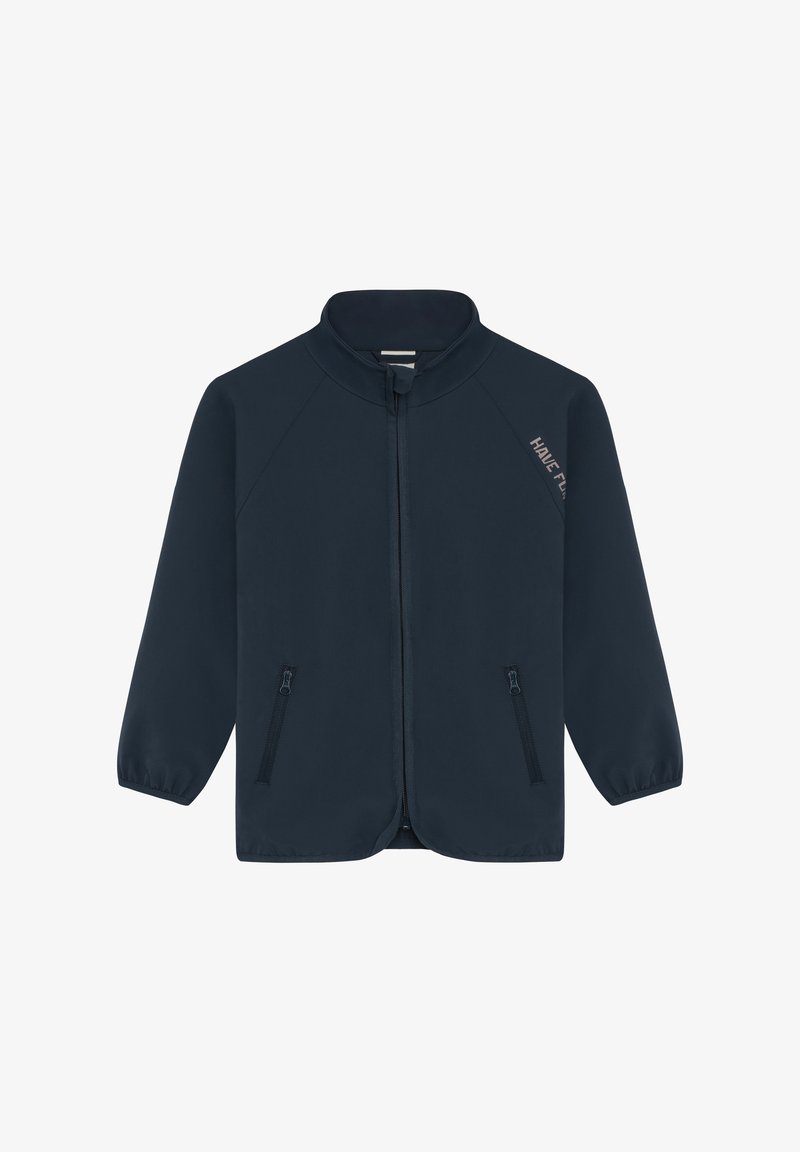 Granatowa kurtka z miękkiego materiału z wysokim kołnierzem, zamkiem z przodu i dwoma bocznymi kieszeniami. Z napisem "HAVE FUN" z jednej strony.