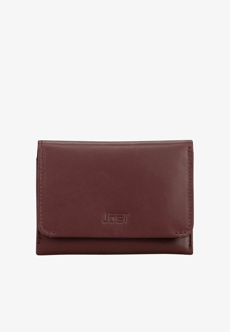 Brown leather wallet with flap closure and embossed brand logo centered on the front panel against a white background.