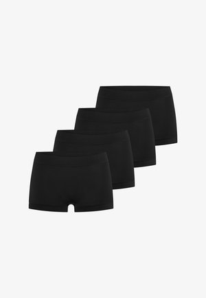 Vier zwarte naadloze damesboyshorts in een afwisselende rij gerangschikt op een witte achtergrond.