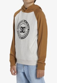 Sudadera con capucha de color gris claro y mangas raglán marrones. Presenta un logotipo circular negro en el bolsillo frontal y puños de canalé.
