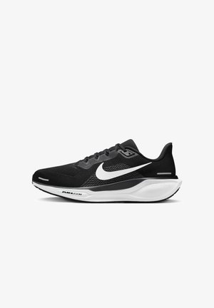 Musta juoksukengä, jossa on verkkosukkala, valkoinen Nike-logo, pehmustettu kaulus ja ilmatyyny pohjassa. Varustettu teksturoidulla kumipohjalla.