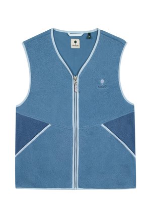 Gilet in pile blu con pannelli laterali blu scuro e bordo azzurro chiaro, con il logo Faguo sul petto e sull'etichetta interna del colletto.