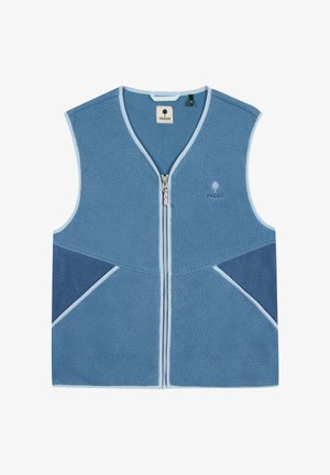 Blauwe fleece bodywarmer met rits, donkere blauwe zijpanelen en lichte blauwe bies, met Faguo-logo op de borst en binnenlabel bij de kraag.