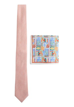 Light pink textured necktie beside a folded pocket square with colorful abstract geometric and floral patterns.
