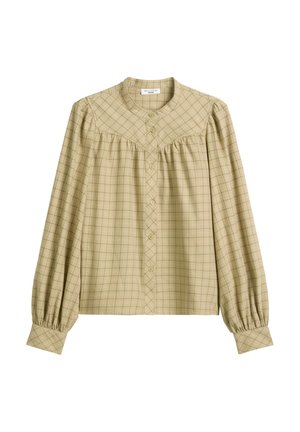 Lichtgroene, geruite blouse met lange mouwen, ronde kraag, knoopsluiting aan de voorkant en geplooide schouderpartij; zachte, gestructureerde stof.