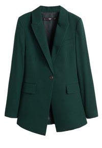 Blazer vert foncé à un bouton avec revers crantés et poches avant à rabat, présenté sur un fond blanc.