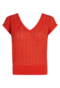 Top corto de color rojo con mangas cortas y un diseño de cuello en V, hecho de un tejido texturizado de punto abierto con un patrón ondulado y un dobladillo acanalado sólido.