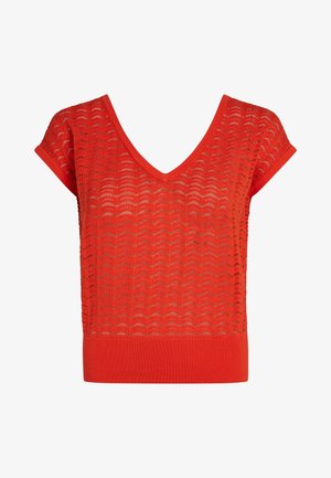 Top corto de color rojo con mangas cortas y un diseño de cuello en V, hecho de un tejido texturizado de punto abierto con un patrón ondulado y un dobladillo acanalado sólido.