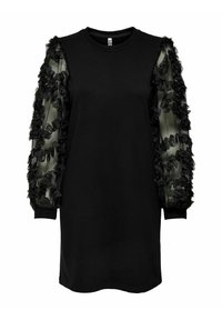 Black sweatshirt dress with textured black tulle sleeves featuring ruffled detailing and ribbed cuffs. Classic crew neck design.