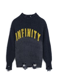Pull en maille épaisse gris foncé avec l'inscription "INFINITY" en lettres jaunes. Présente des accents usés au niveau de l'ourlet et des manches. Encolure ronde.