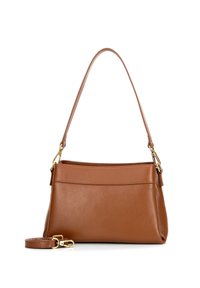 Brązowa skórzana torebka o gładkiej fakturze, z zaokrąglonym uchwytem u góry, złotymi akcentami i odczepianym paskiem. Prosty, funkcjonalny design.