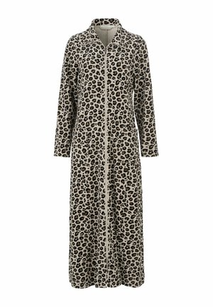Leopardmönstrad morgonrock med långt ärm, framdragkedja, två fickor, tillverkad av mjukt tyg, med krage och knälång design.