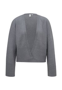 Szary krótki kardigan z głębokim dekoltem w serek, długimi rękawami, prążkowanym dołem oraz miękką fakturą. Prosty wzór, bez dodatkowych ozdób.