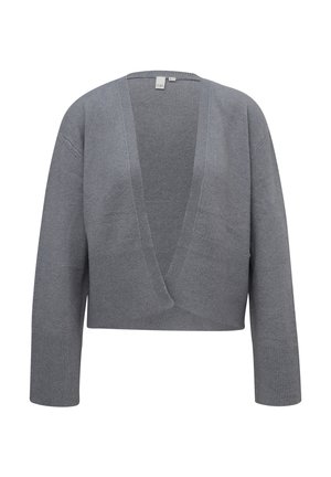 Szary krótki kardigan z głębokim dekoltem w serek, długimi rękawami, prążkowanym dołem oraz miękką fakturą. Prosty wzór, bez dodatkowych ozdób.