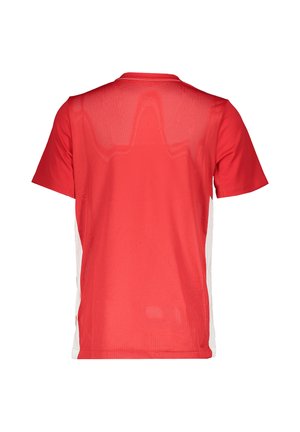 Red athletic shirt featuring short sleeves, a mesh back, and white side panels. Lightweight fabric with a smooth texture.