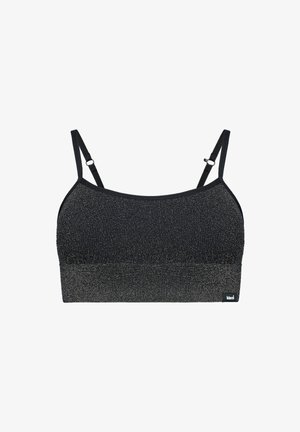 Schwarzes Bralette mit silbernem Schimmer, weichem Textil, verstellbaren Trägern und einem breiten Bund. Verfügt über ein kleines Markenschild an der Seite.