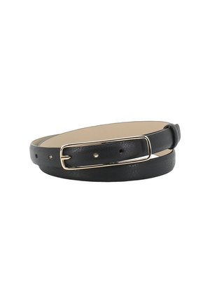 Schwarzer Leder-Gürtel mit glatter Textur, ausgestattet mit einer goldenen Metallschnalle und verstellbaren Löchern. Das Design ist minimalistisch und elegant.