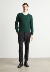 Pulover verde cu decolteu în V, realizat dintr-un material texturat, asortat cu pantaloni negri și pantofi negri. Cămașă albă cu guler vizibil dedesubt.