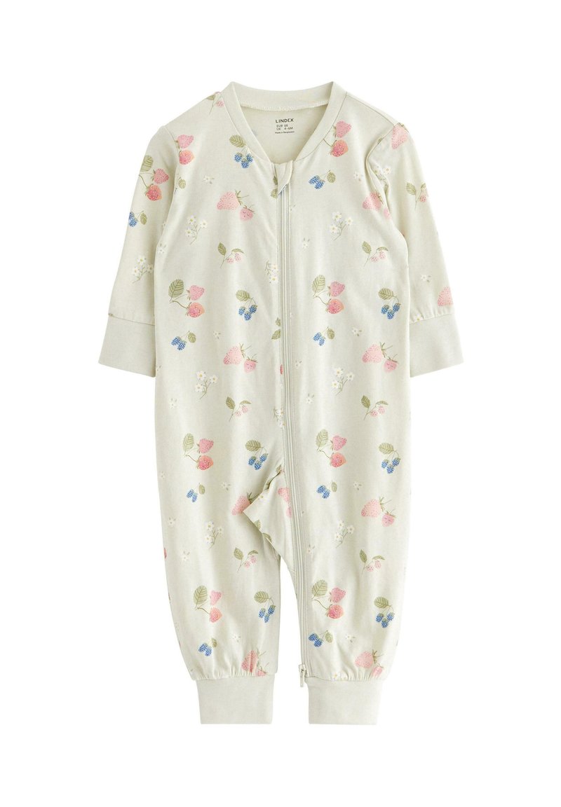 Body z długim rękawem w miękkim pastelowym zielonym kolorze, z zamkiem błyskawicznym z przodu oraz kwiatowym wzorem z truskawkami, borówkami i liśćmi.