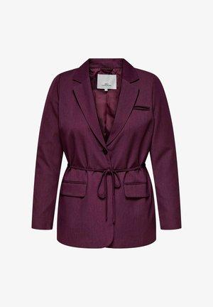Burgundy tailored blazer with long sleeves, a tie waist, two front pockets, and a notch lapel. Smooth fabric with a subtle texture.
