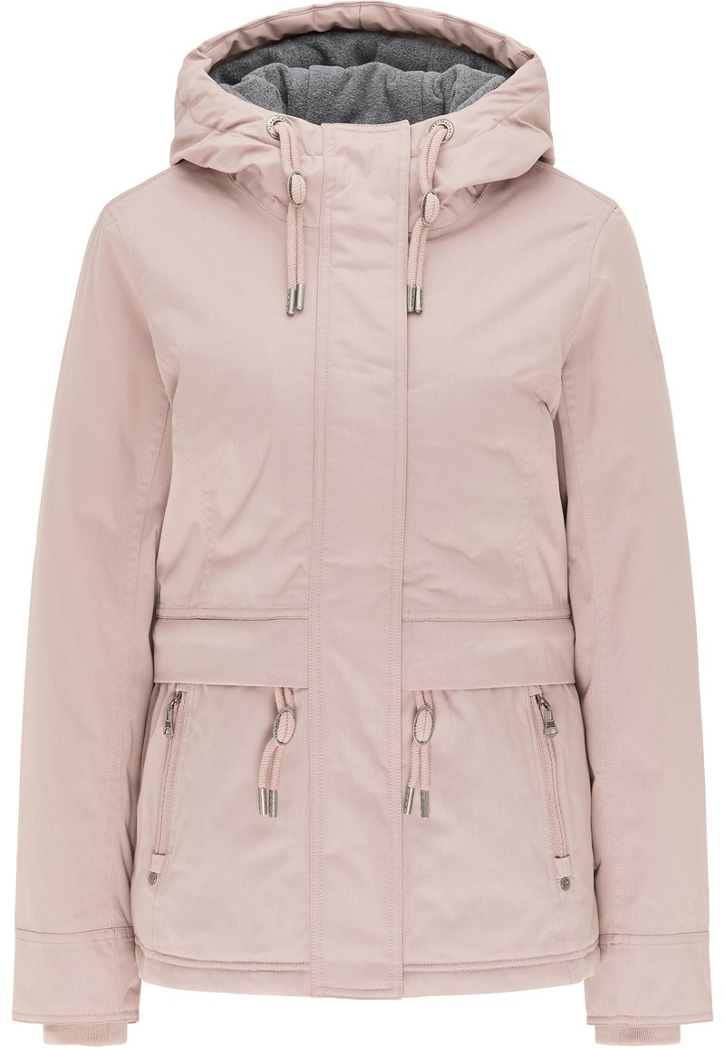 Helle pinke Jacke mit Kapuze, Kordelzugdetails und grauem Fleece-Futter. Verfügt über Reißverschlusstaschen und eine taillierte Taille, hergestellt aus weichem Stoff.