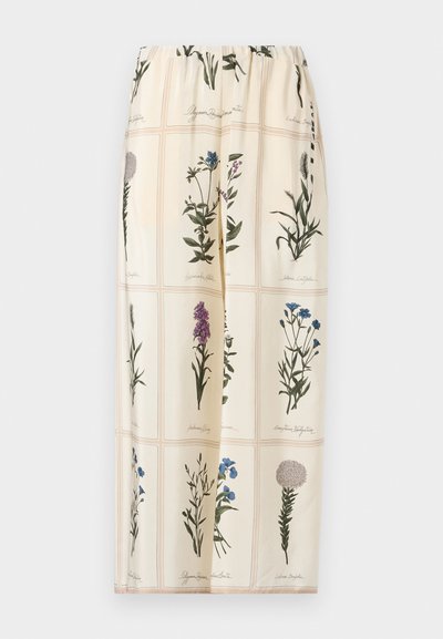 Sukně s květinovým potiskem na béžovém podkladu, s elastickým pasem a ilustracemi různých květin v zelených, fialových a modrých odstínech.