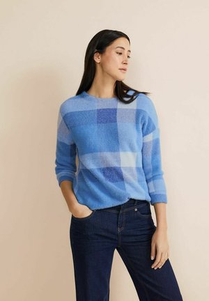 Lichtblauwe gebreide trui van fuzzy materiaal, met een geruit ontwerp in verschillende tinten blauw, ronde halslijn en lange mouwen.