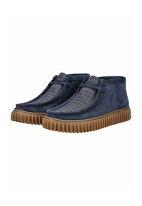 Blue suede shoes with a textured gray fabric upper, featuring a rubber sole with horizontal grooves and a round toe design.