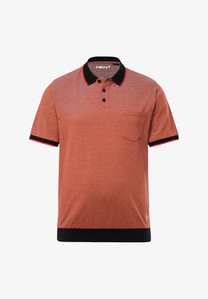 Polo shirt corto a maniche corte rosso e nero, con colletto, patta con tre bottoni, taschino frontale e strisce di contrasto sulle maniche.