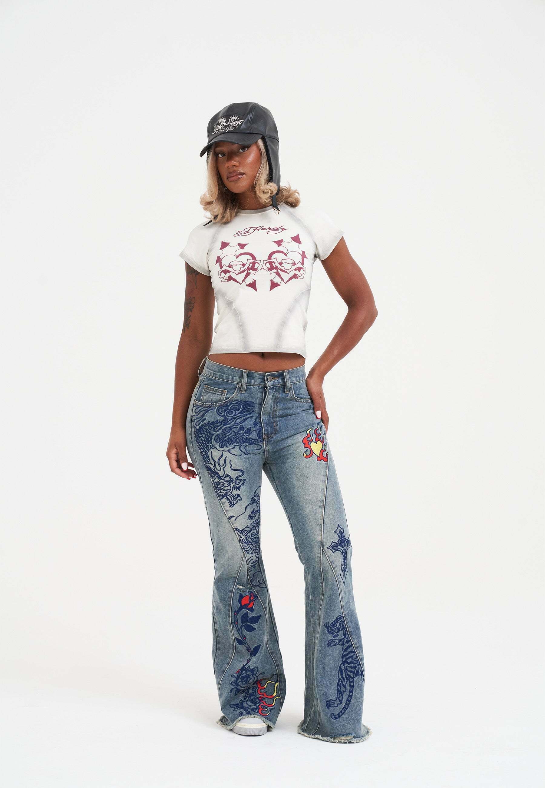 jean hardy リトグラフ　Lady with Peacock Ed Hardy DRAGON MULTI PLACEMENT SEAM DETAIL - Bootcut jeans - blue