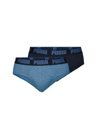 Zwei Paare PUMA-Unterhosen in Blau und Dunkelblau, mit breiten schwarzen elastischen Taillenbündchen und blauem Logotext. Weicher Stoff mit glatter Textur.
