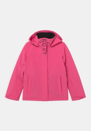 Pinkfarbige wasserdichte Jacke mit Kapuze, vorne mit einem schwarzen Logo, zwei Seitentaschen und einer glatten, matten Oberfläche.