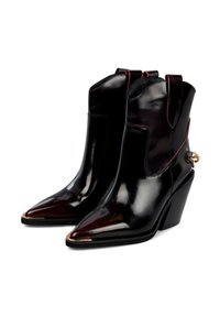 Czarne, błyszczące skórzane botki za kostkę z ostro zakończonym noskiem, wygiętym obcasem i czerwonymi detalami w szwie. Posiadają akcenty w kolorze złotym.