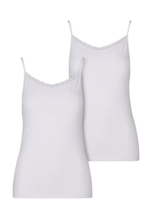 Twee witte cami-tops met dunne bandjes en een scalloped kanten rand langs de halslijn. Gemaakt van zachte, lichte stof.