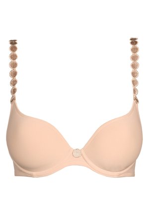 Beige gepolsterter BH mit verstellbaren Trägern, der kreisförmige, strukturierte Akzente aufweist; der Mittelverschluss ist mit einem passenden strukturierten Design dekoriert.