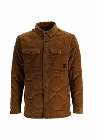 Veste matelassée en velours côtelé marron avec deux poches avant à rabat et boutons-pression noirs au centre et sur les rabats de poches.