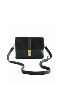 Borsa a tracolla nera in pelle e camoscio con forma rettangolare, chiusura in metallo color oro e tracolla regolabile.