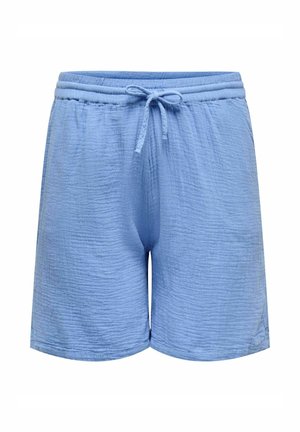 Svetlo modri, teksturirani bombažni kratki hlače z elastiko v pasu in nastavljivim vrvico. Preprost dizajn, do kolen, brez žepov.