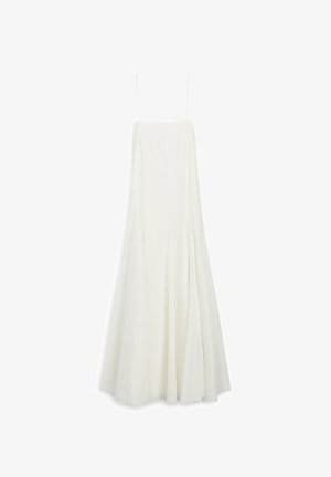 White A-line dress with thin straps, made of lightweight fabric, featuring a smooth texture and subtle pleats for volume.