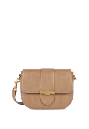 Beige embossed leather handbag with a magnetic flap closure, gold-tone hardware, and adjustable strap. Features a subtle, textured surface.