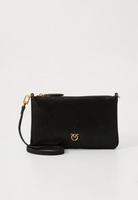 Black leather clutch bag with a textured surface, gold hardware zipper, and a detachable strap. Features a small logo on the front.