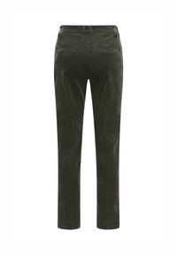 Pantalon en velours côtelé vert foncé vu de dos avec passants de ceinture et deux poches fendues horizontales sous la ceinture.