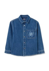 Blauwe denim shirt met een klassieke kraag, knoopsluiting aan de voorkant, lange mouwen en een tonale spinnenlogo op de linkerkant van de borstzak.