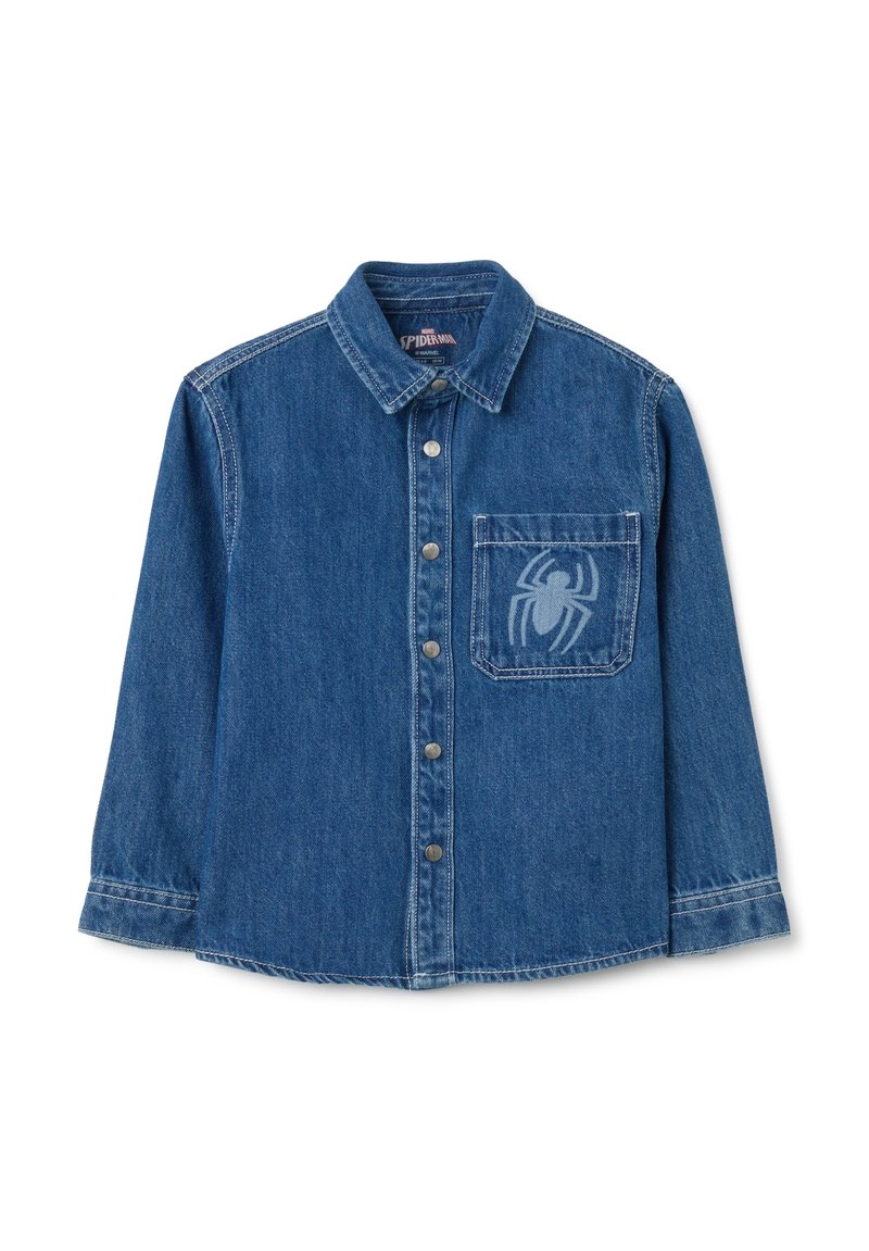 Blauwe denim shirt met een klassieke kraag, knoopsluiting aan de voorkant, lange mouwen en een tonale spinnenlogo op de linkerkant van de borstzak.