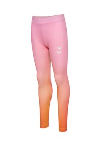 Strak zittende leggings in een gradient van roze naar oranje, gemaakt van soepele stof, met een wit chevronpatroon op de bovenbenen.