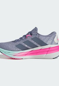 Running shoes in gray with a textured mesh upper. Features pink and mint accents on the midsole and three stripes in dark gray.
