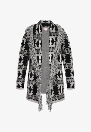 Czarny i szary kardigan z wzorem, z frędzlami wzdłuż otwartego przodu i rękawów; wykonany z miękkiego, teksturowanego materiału.