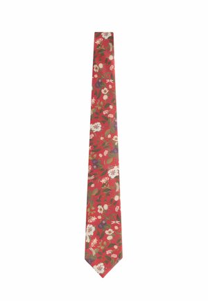 Rode bloemen stropdas met een patroon van witte en groene bloemen met bladeren, tapert naar een puntige punt. Gemaakt van stof met een gladde textuur.