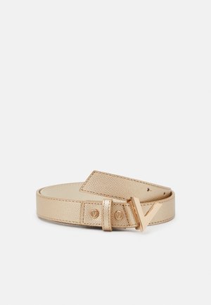 Gold textured leather belt with a metallic V-shaped buckle and two small round rivets embossed with a V logo.